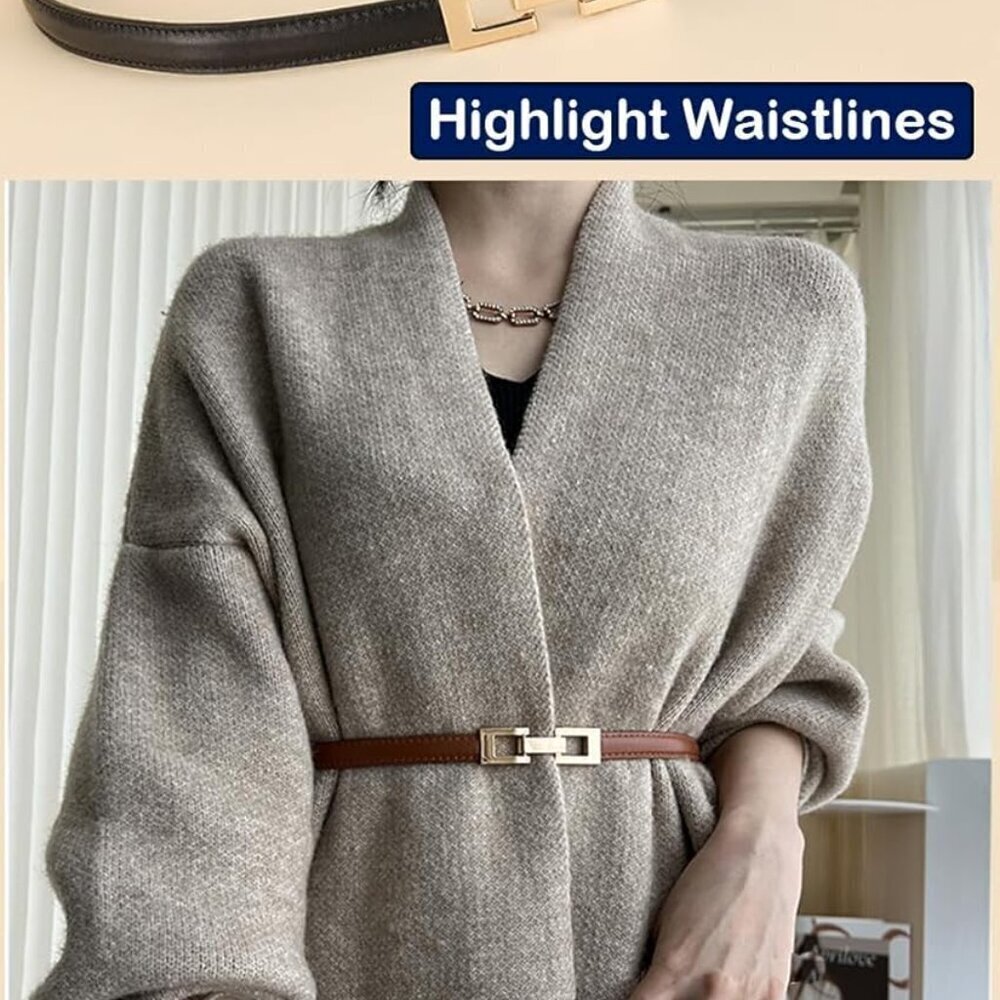 2Pack Women's Leather Belts Thin Waist Dress Belt with Gold Buckle Adjustable - Picture 5 of 7